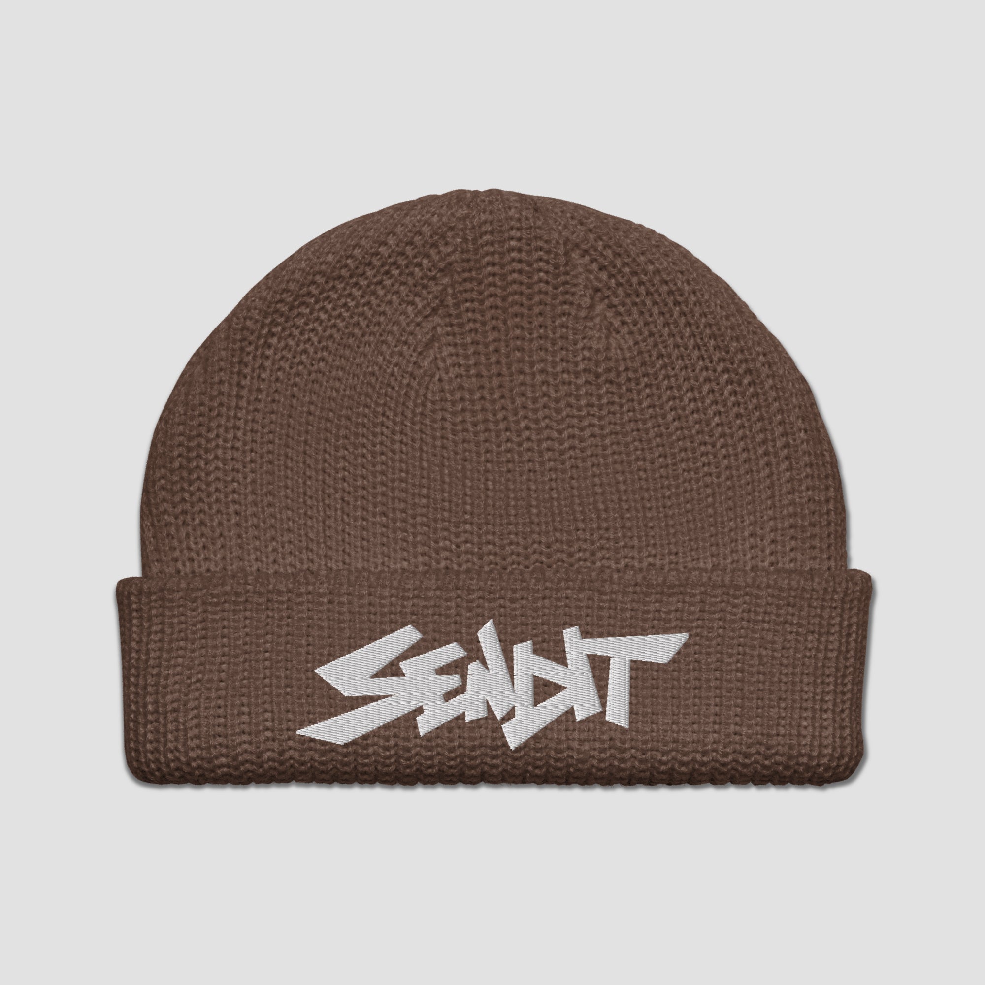 A brown ribbed knit beanie hat with a white stylized embroidered 'SENDIT' logo on the front cuff, shown against a light gray background.