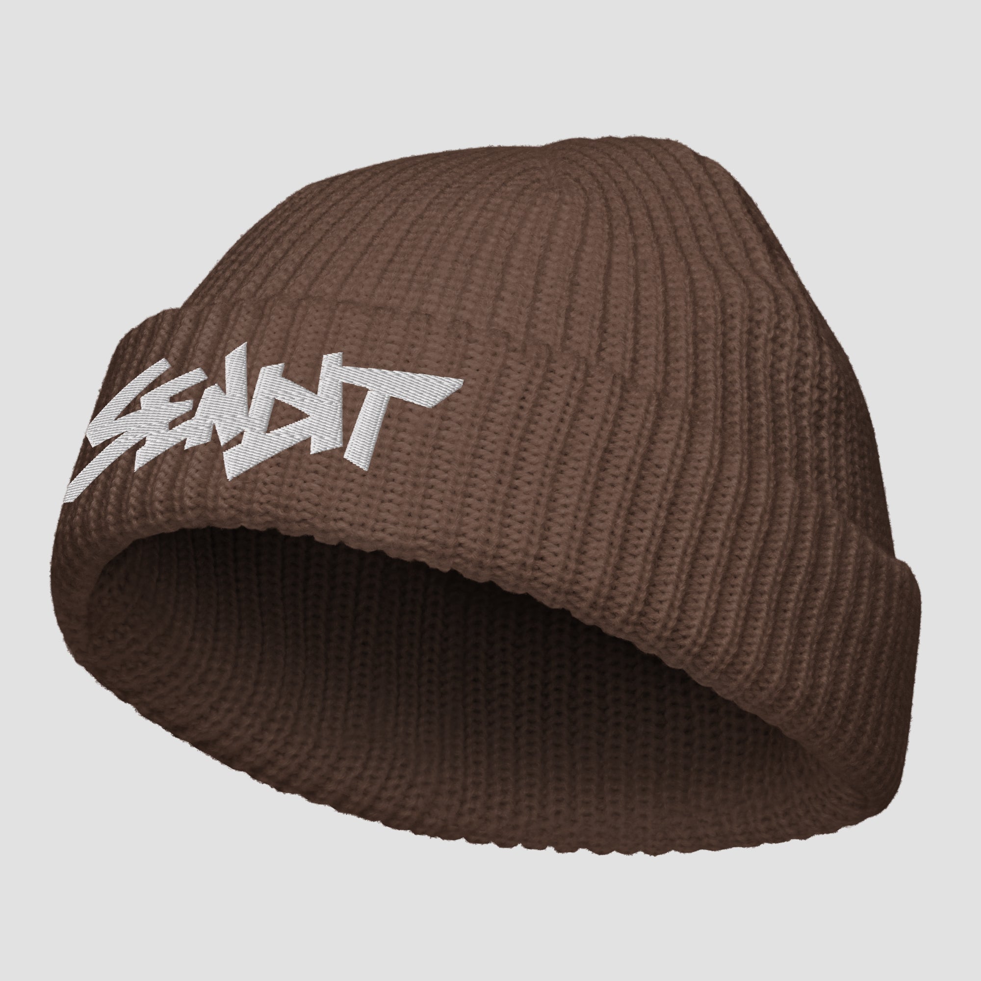 A brown ribbed knit beanie hat with a white stylized embroidered 'SENDIT' logo on the front cuff, shown against a light gray background.