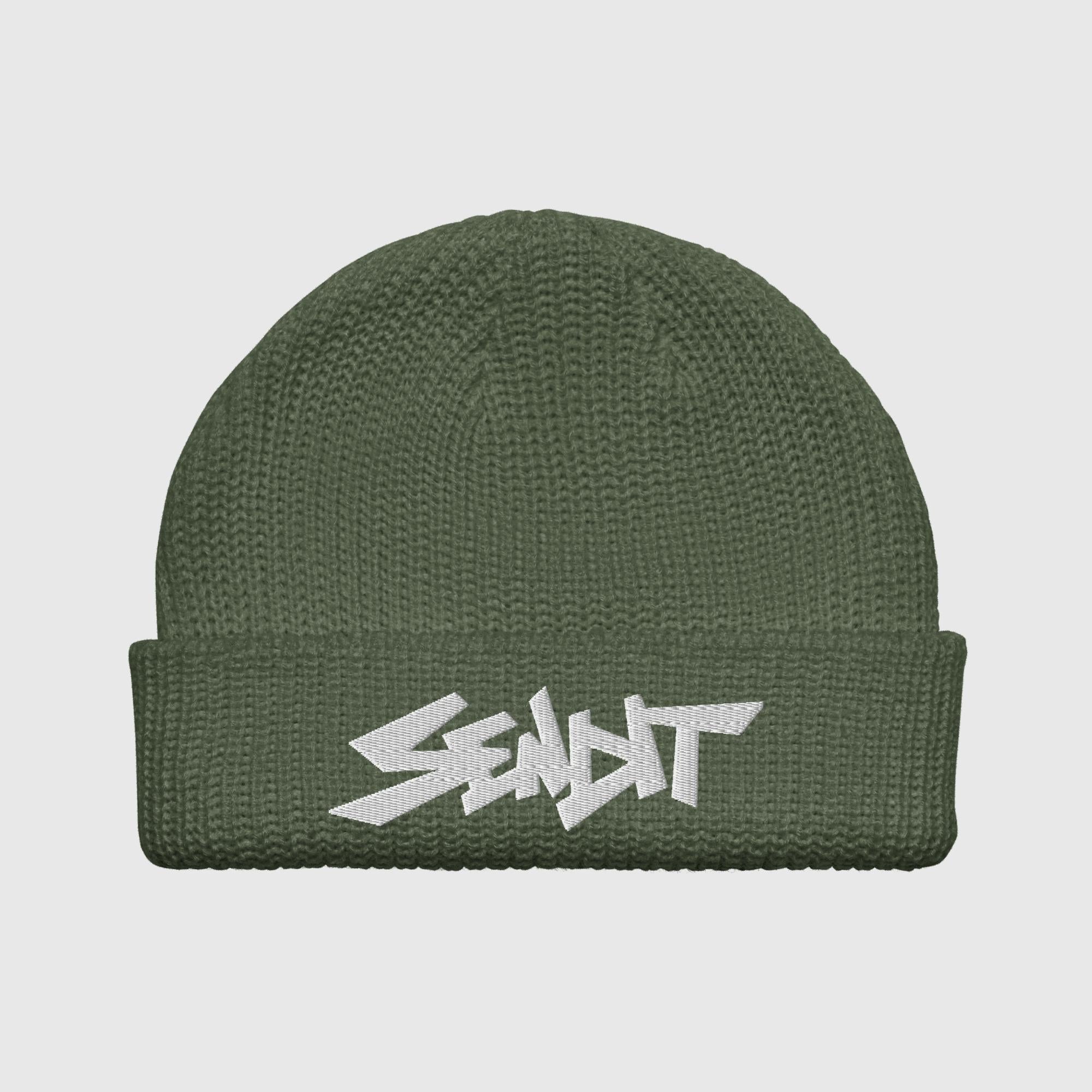 An olive green ribbed knit beanie hat with a white embroidered stylized 'SENDIT' logo on the front cuff, shown against a light gray background.