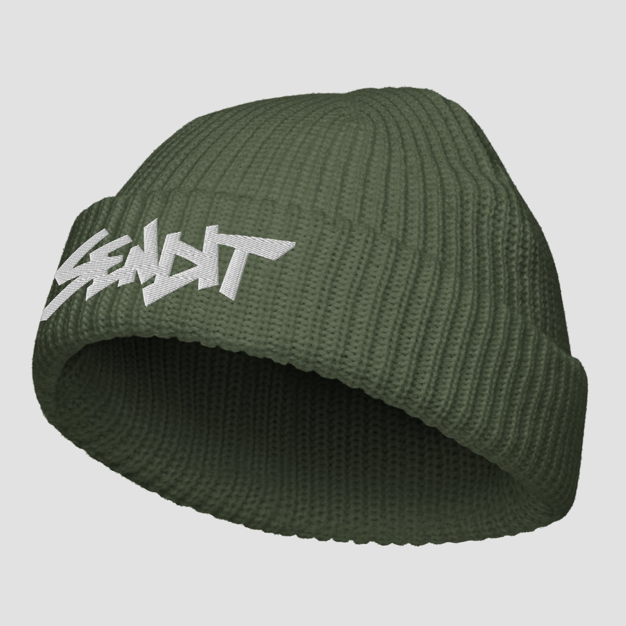 An olive green ribbed knit beanie hat featuring a stylized white embroidered 'SENDIT' logo on the front cuff, shown against a solid light gray background.