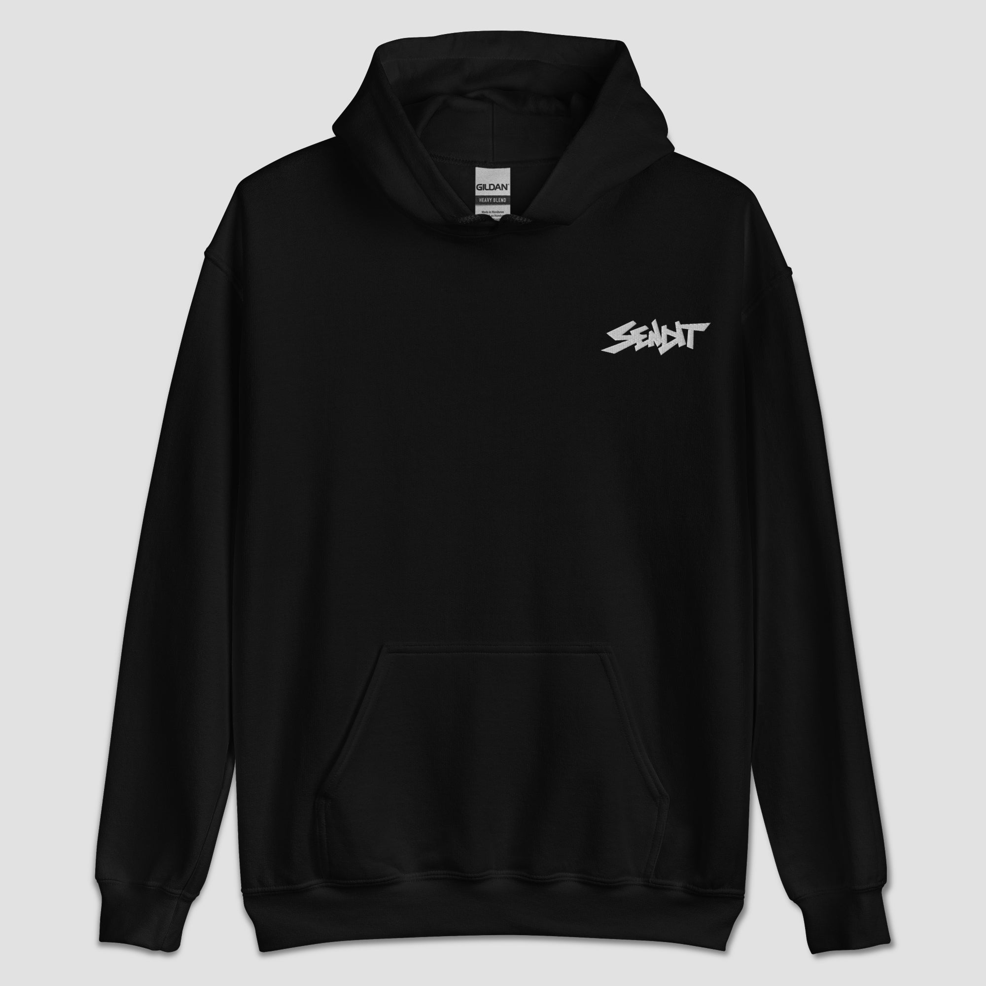 Black hoodie with a small 'SENDIT' logo on the chest against a light gray background.