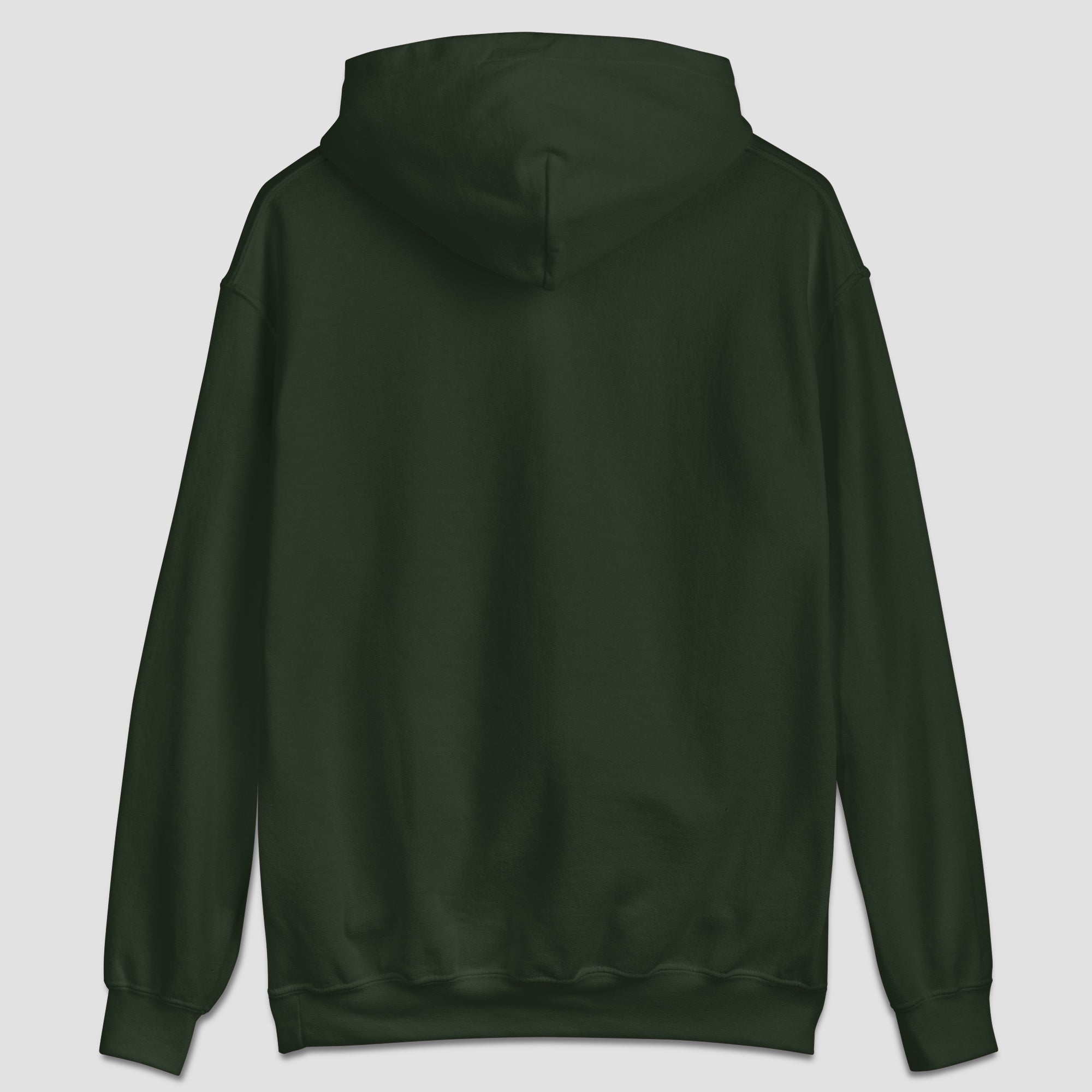 Back view of a dark green hoodie set against a light gray background.