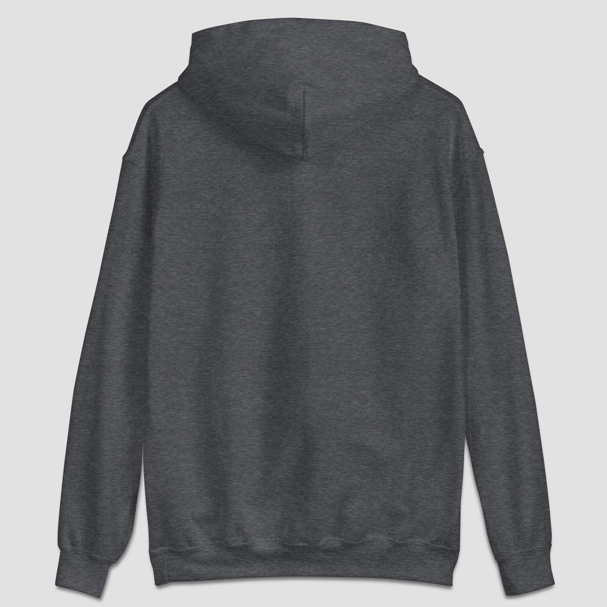 Back view of a heather gray hoodie on a light gray background.