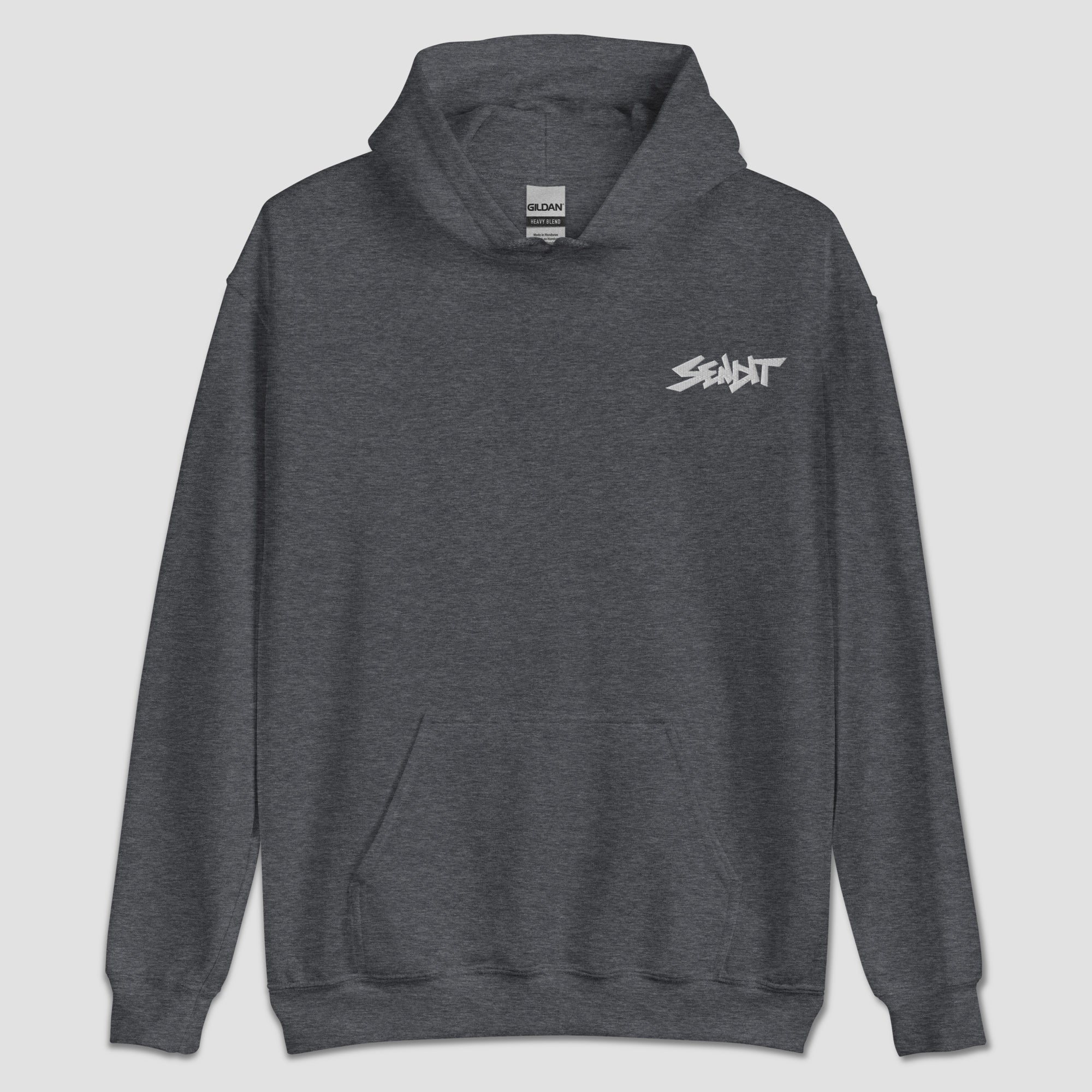 Heather gray hoodie with small 'SENDIT' logo on the upper left chest set against a light gray background.