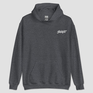 Heather gray hoodie with small 'SENDIT' logo on the upper left chest set against a light gray background.