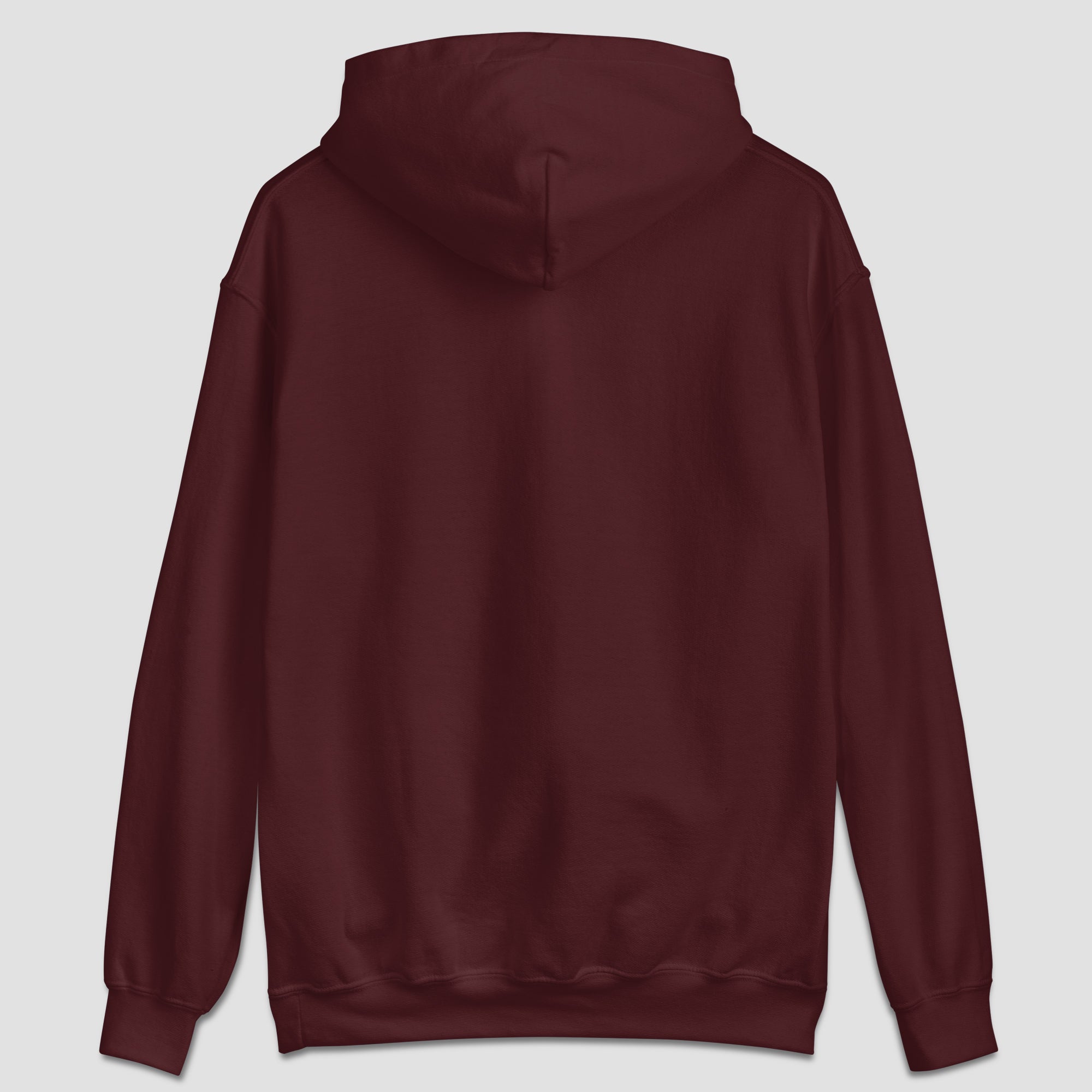 A maroon hooded sweatshirt shown from the back, photographed against a solid light gray background.