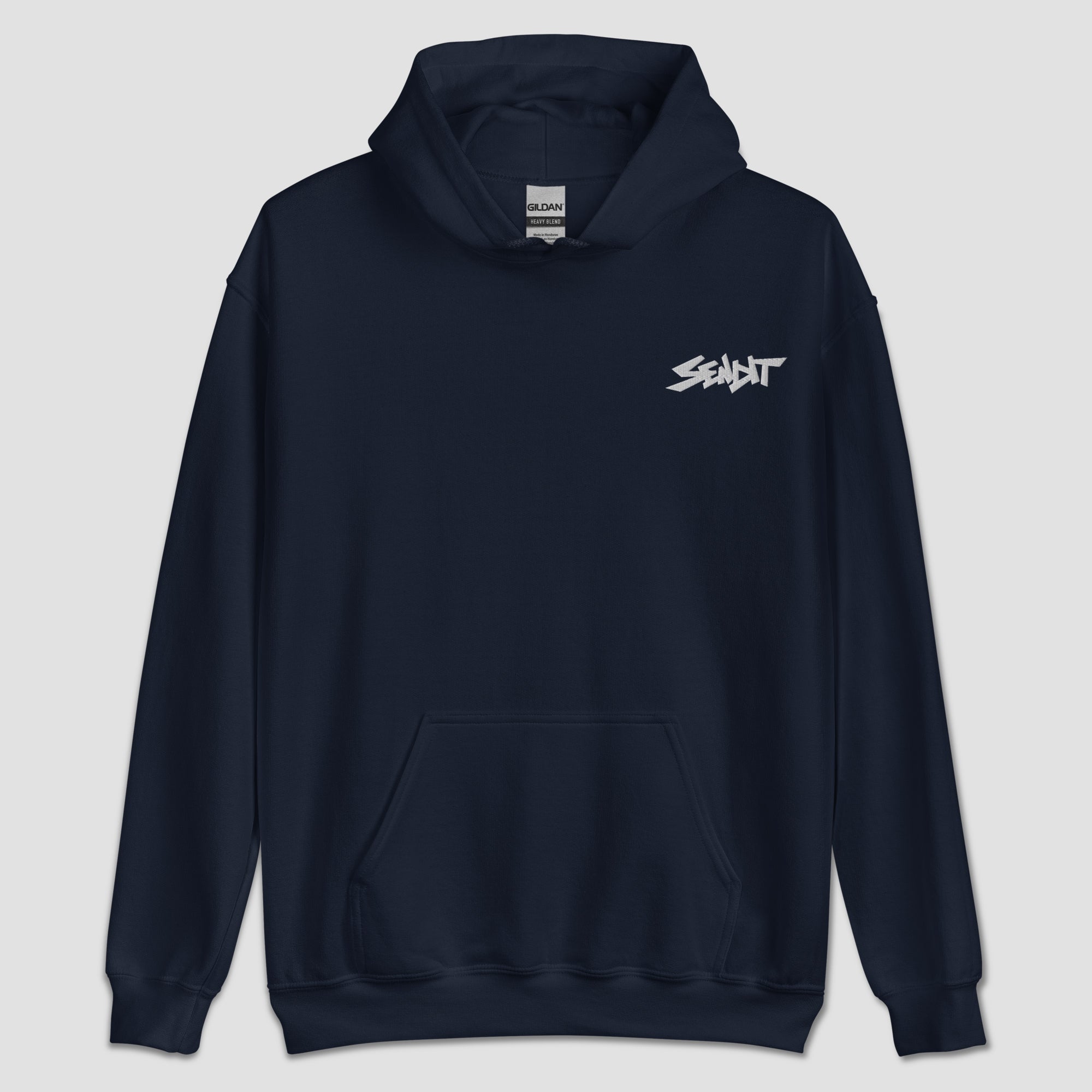 Navy hoodie with a small 'SENDIT' logo on a light gray background.