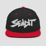 Black and red snapback cap with white 'SENDIT' logo set on a light gray background