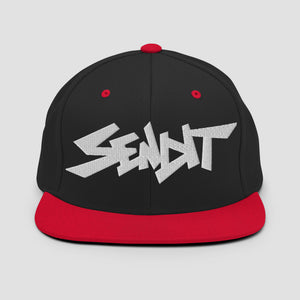 Black and red snapback cap with white 'SENDIT' logo set on a light gray background