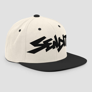 An off-white snapback cap with a black flat brim and a black embroidered stylized 'SENDIT' logo on the front, shown against a light gray background.