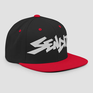 A black and red snapback cap featuring a stylized white embroidered 'SENDIT' logo on the front panel, set against a light gray background.