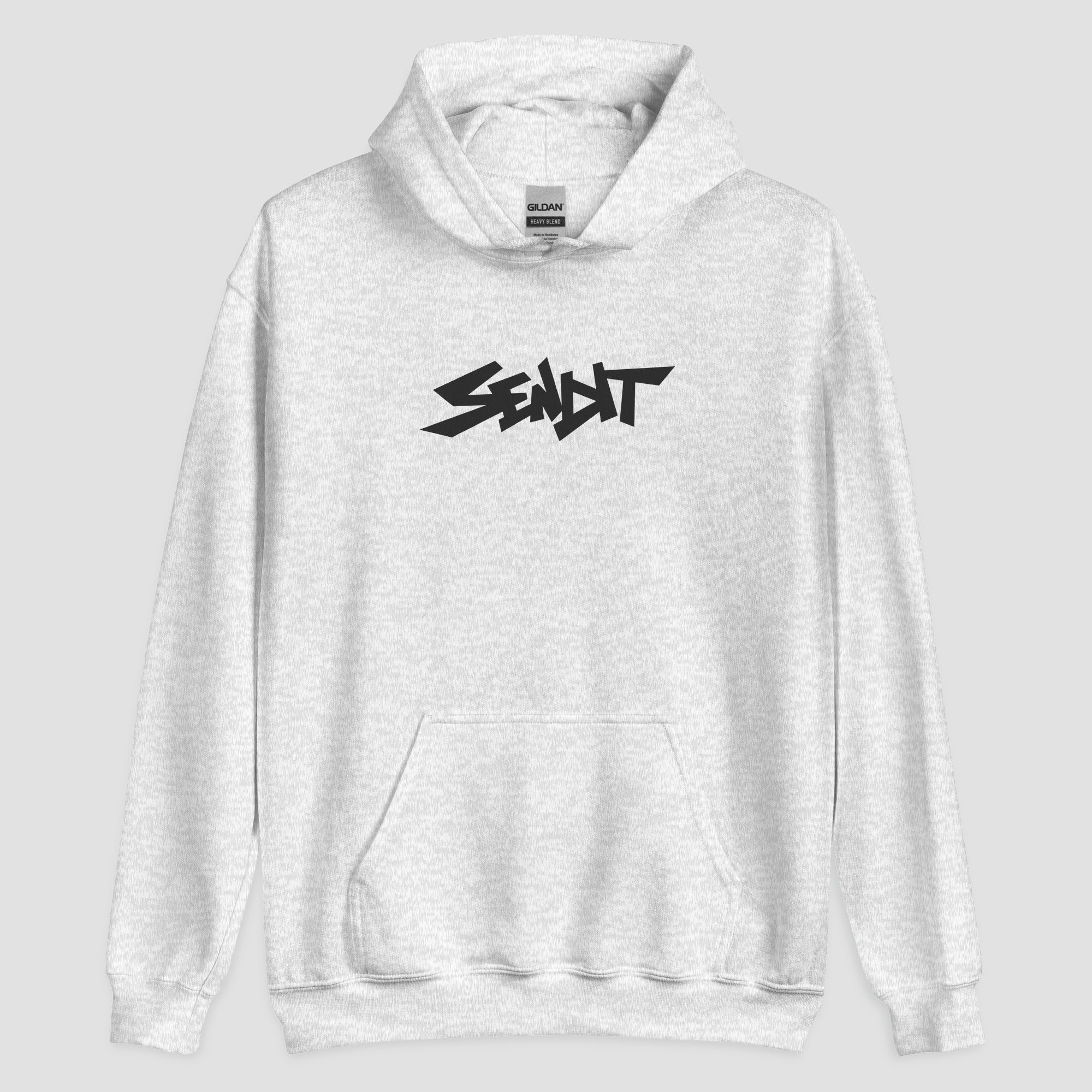 A light heather gray pullover hoodie with a black stylized 'SENDIT' logo printed across the chest, displayed on a neutral light gray background.