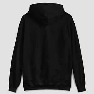 A black pullover hoodie shown from the back, photographed against a solid light gray background.