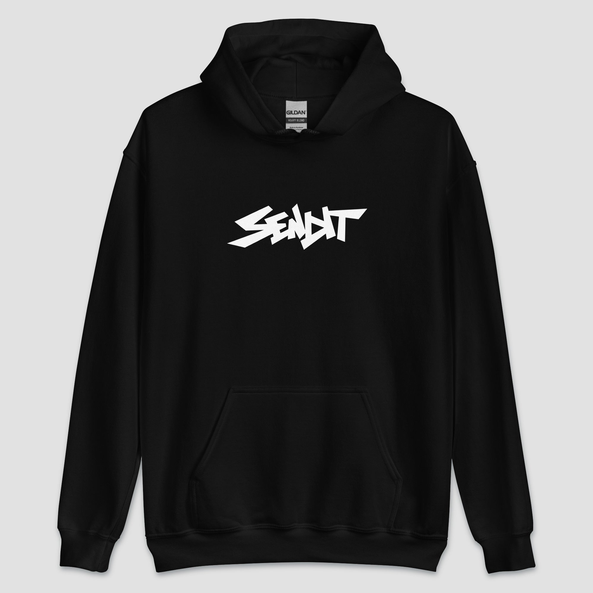 Black hoodie with 'SENDIT' printed on the chest against a light gray background