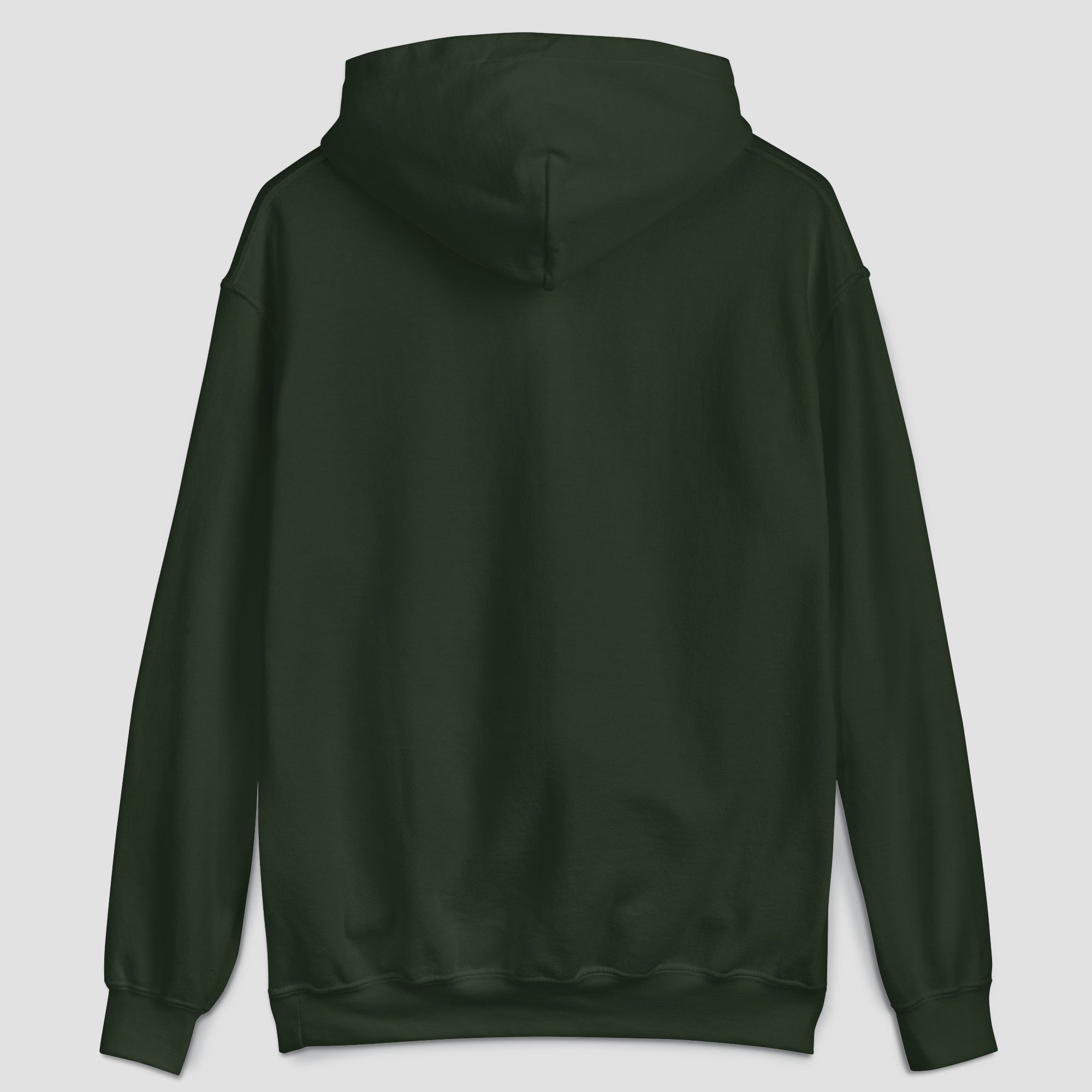 A dark forest green pullover hoodie shown from the back, set against a plain light gray background.
