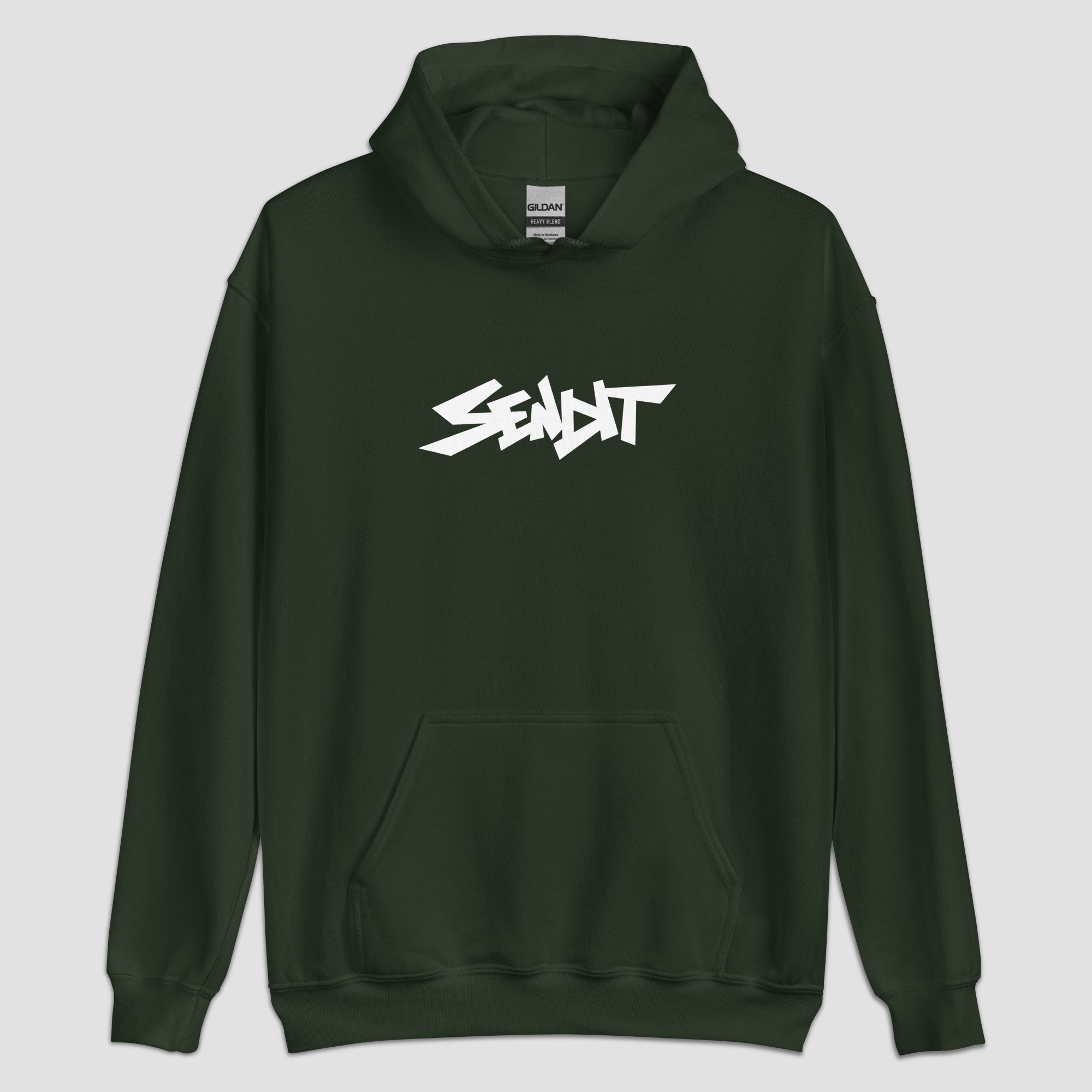 A dark forest green pullover hoodie with a stylized white 'SENDIT' logo printed across the chest, displayed on a neutral light gray background.