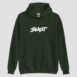 A dark forest green pullover hoodie with a stylized white 'SENDIT' logo printed across the chest, displayed on a neutral light gray background.