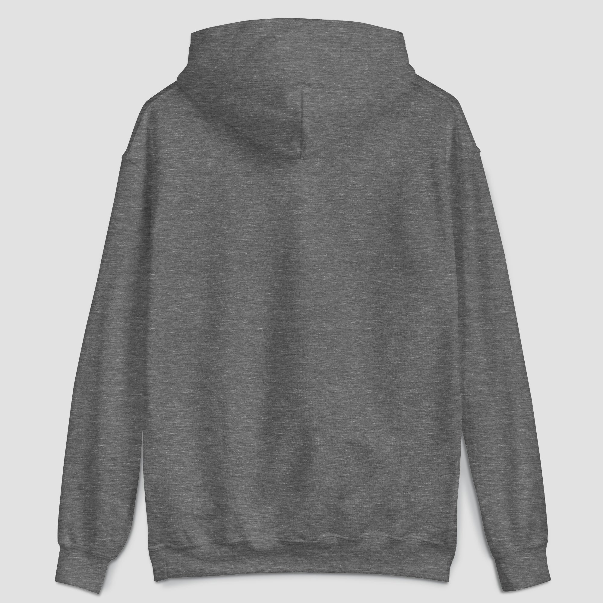 Heather gray hoodie shown from the back with set against a light gray background.
