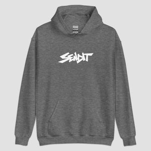 An olive green pullover hoodie with a stylized white 'SENDIT' logo printed across the chest, displayed on a light gray background.