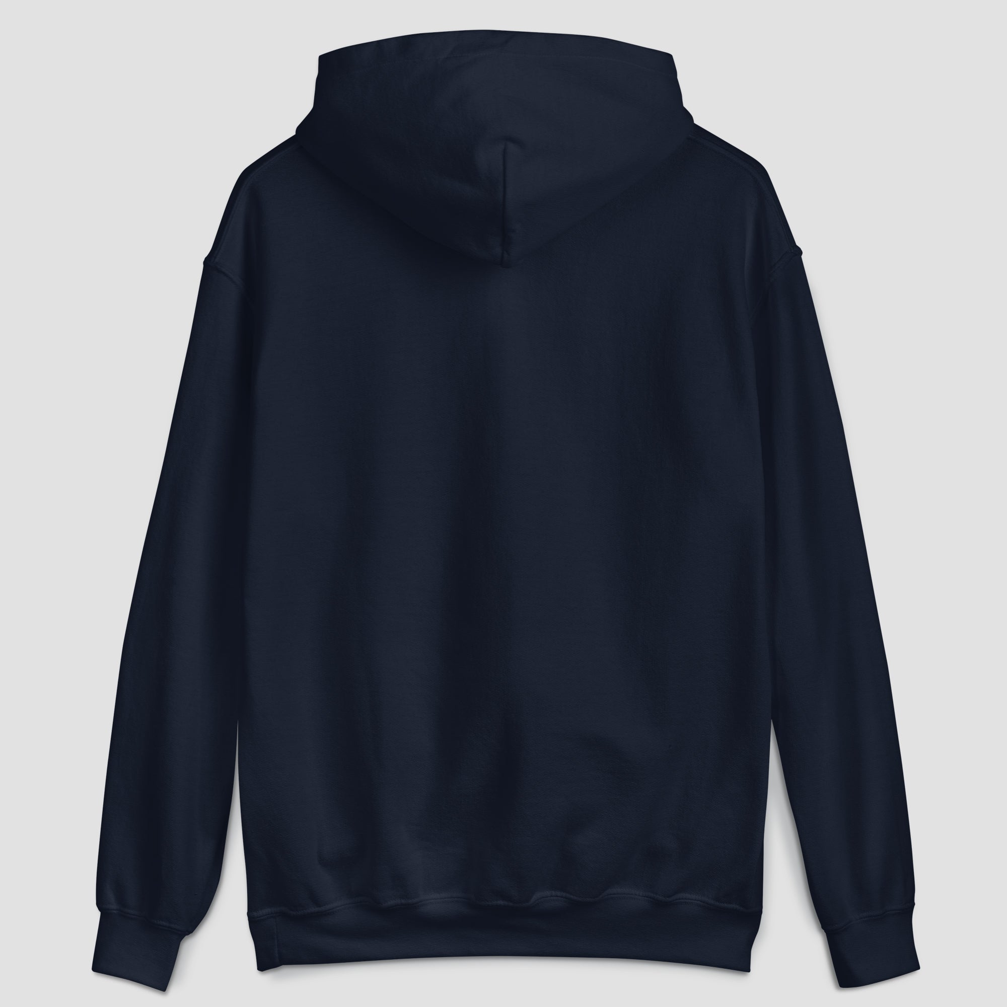 Navy hoodie from the back, set against a light gray background