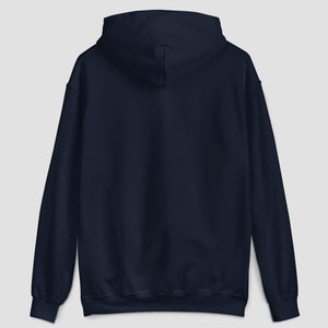 Navy hoodie from the back, set against a light gray background