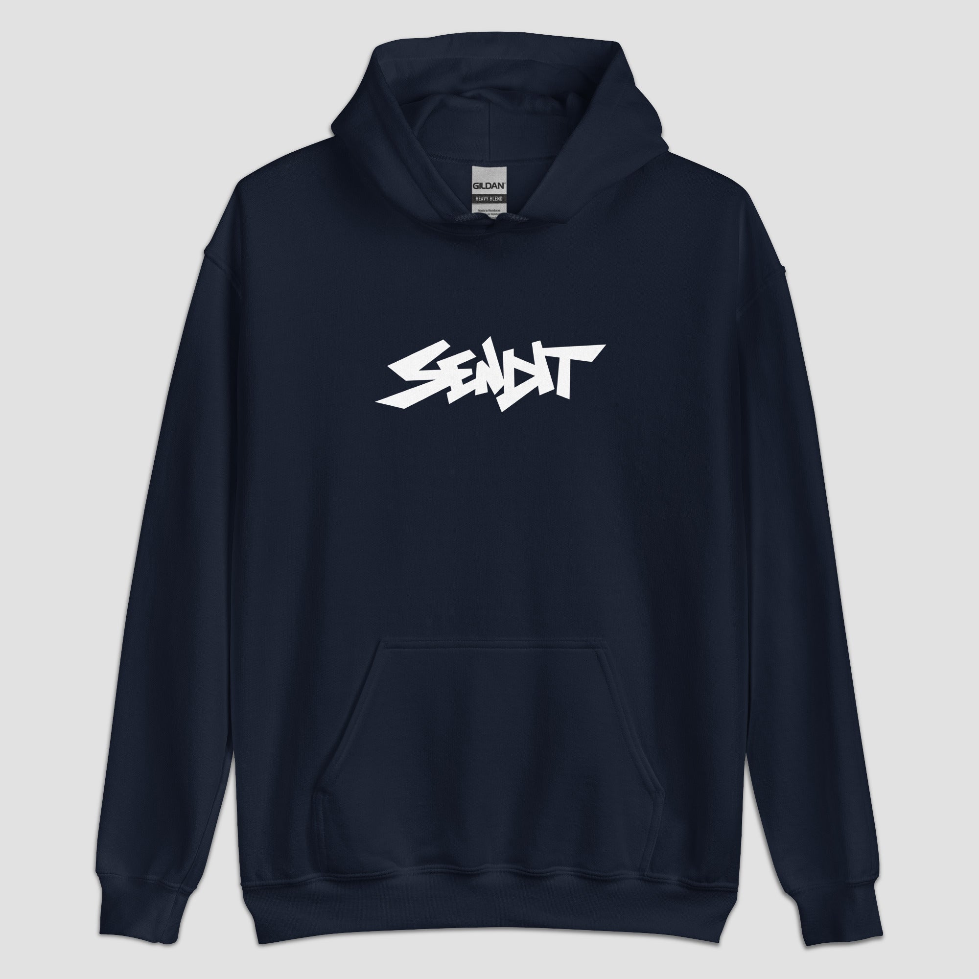 A navy blue pullover hoodie with a stylized white 'SENDIT' logo printed across the chest, displayed on a neutral light gray background.