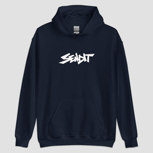 A navy blue pullover hoodie with a stylized white 'SENDIT' logo printed across the chest, displayed on a neutral light gray background.