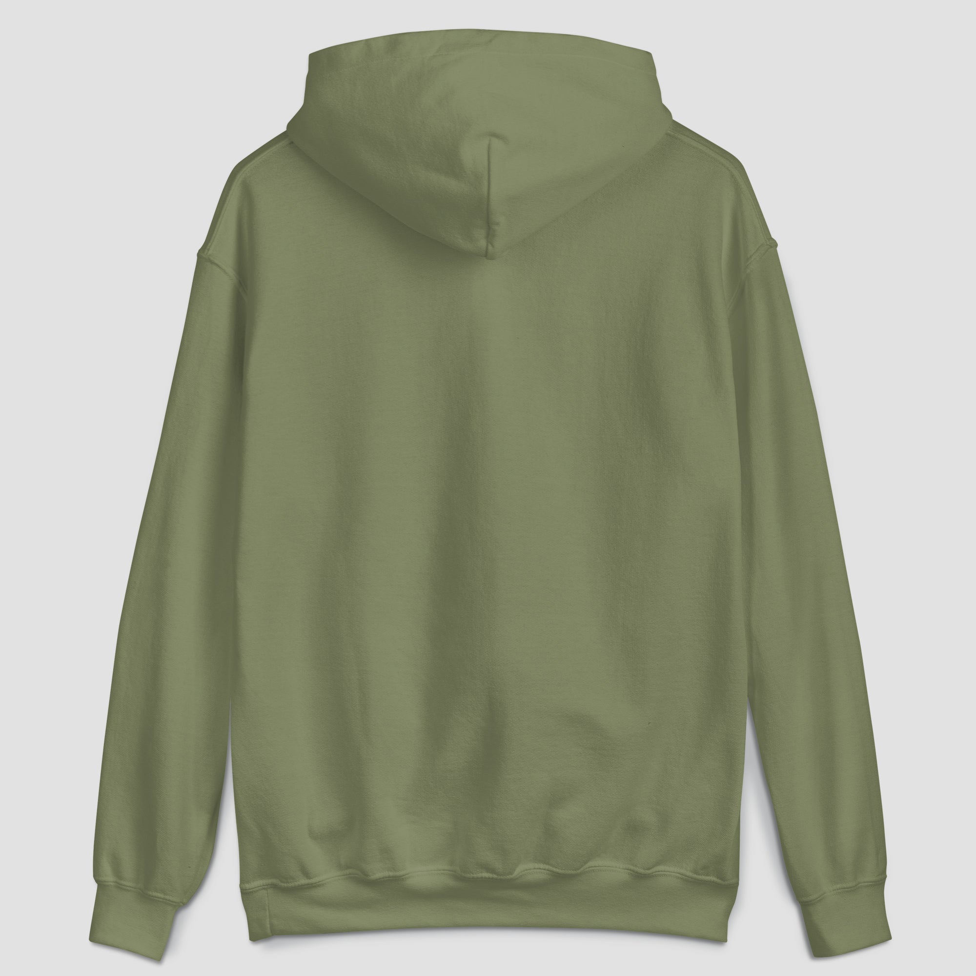 The back view of an olive green pullover hoodie on a light gray background.