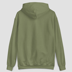 The back view of an olive green pullover hoodie on a light gray background.