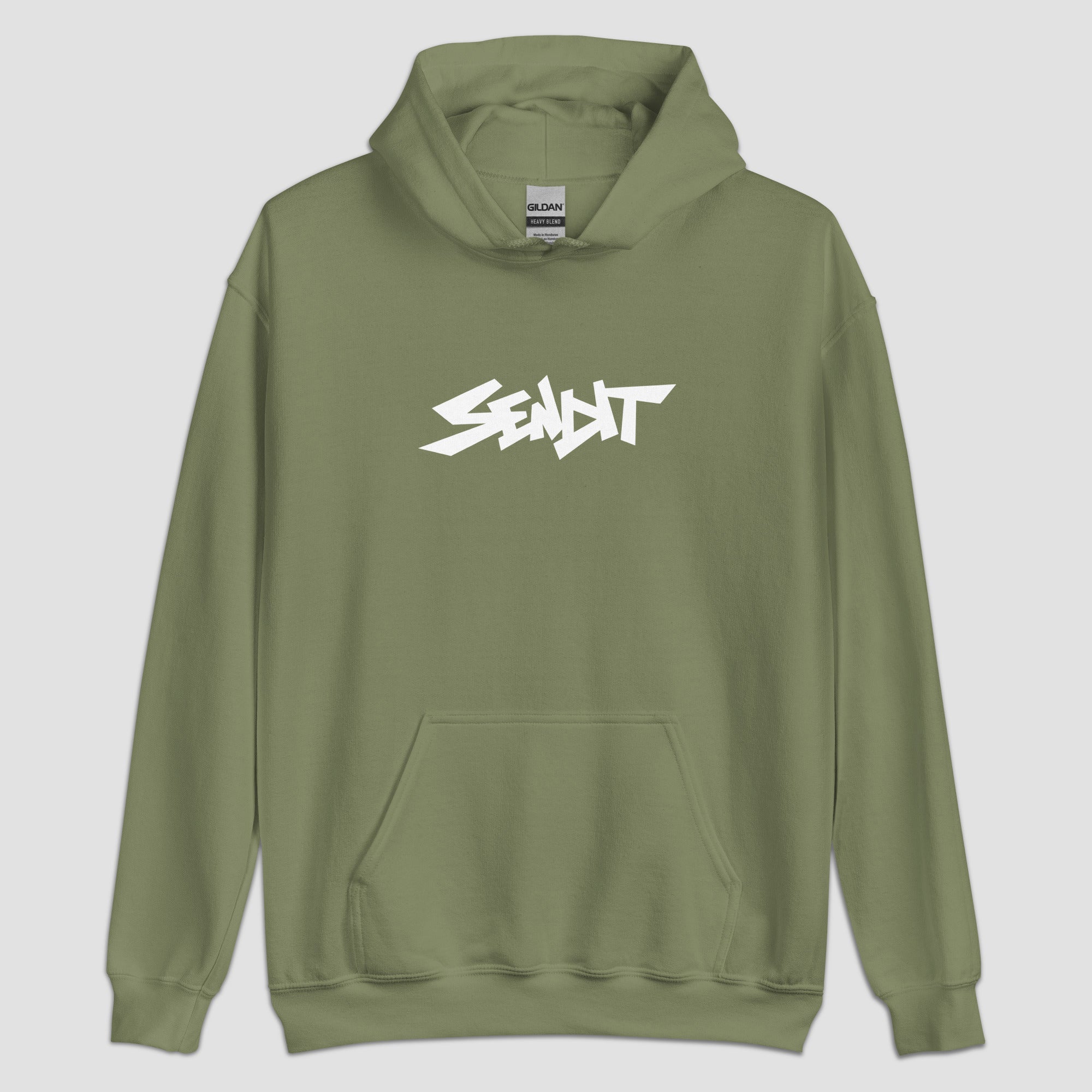 An olive green pullover hoodie with a stylized white 'SENDIT' logo printed across the chest, displayed on a light gray background.