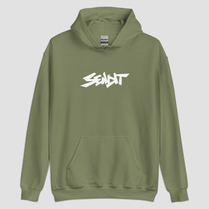 An olive green pullover hoodie with a stylized white 'SENDIT' logo printed across the chest, displayed on a light gray background.