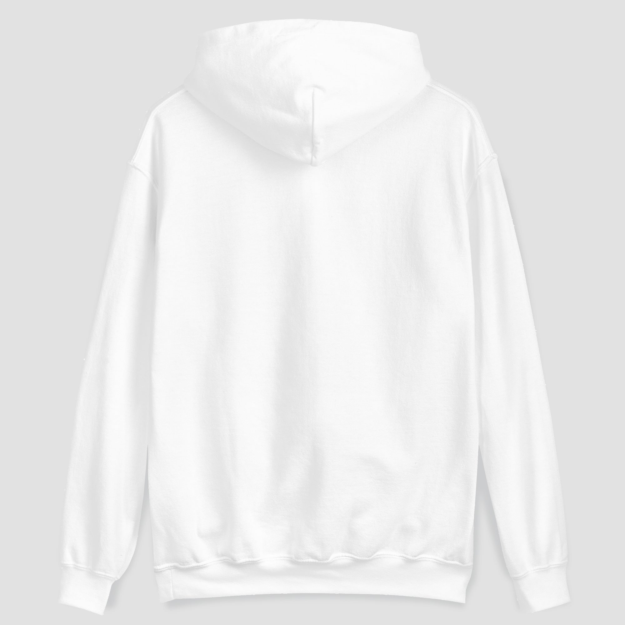 A plain white pullover hoodie shown from the back, photographed against a light gray background.