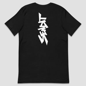 A black short-sleeve t-shirt shown from the back, featuring a large, stylized white graphic 'SENDIT' print in a vertical orientation on the center back.