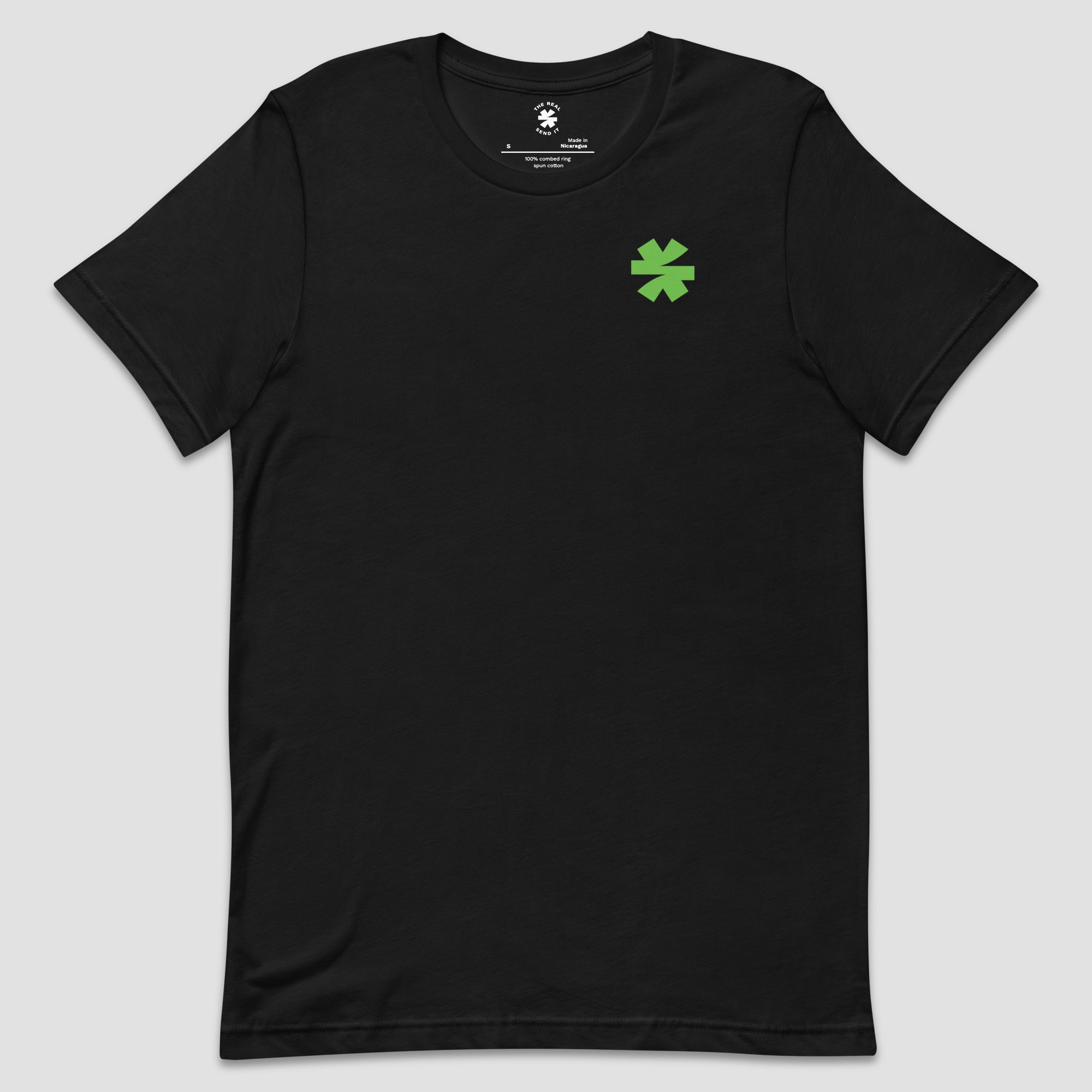 A black short-sleeve crewneck t-shirt with a small green asterisk on the left chest, displayed against a solid light gray background.
