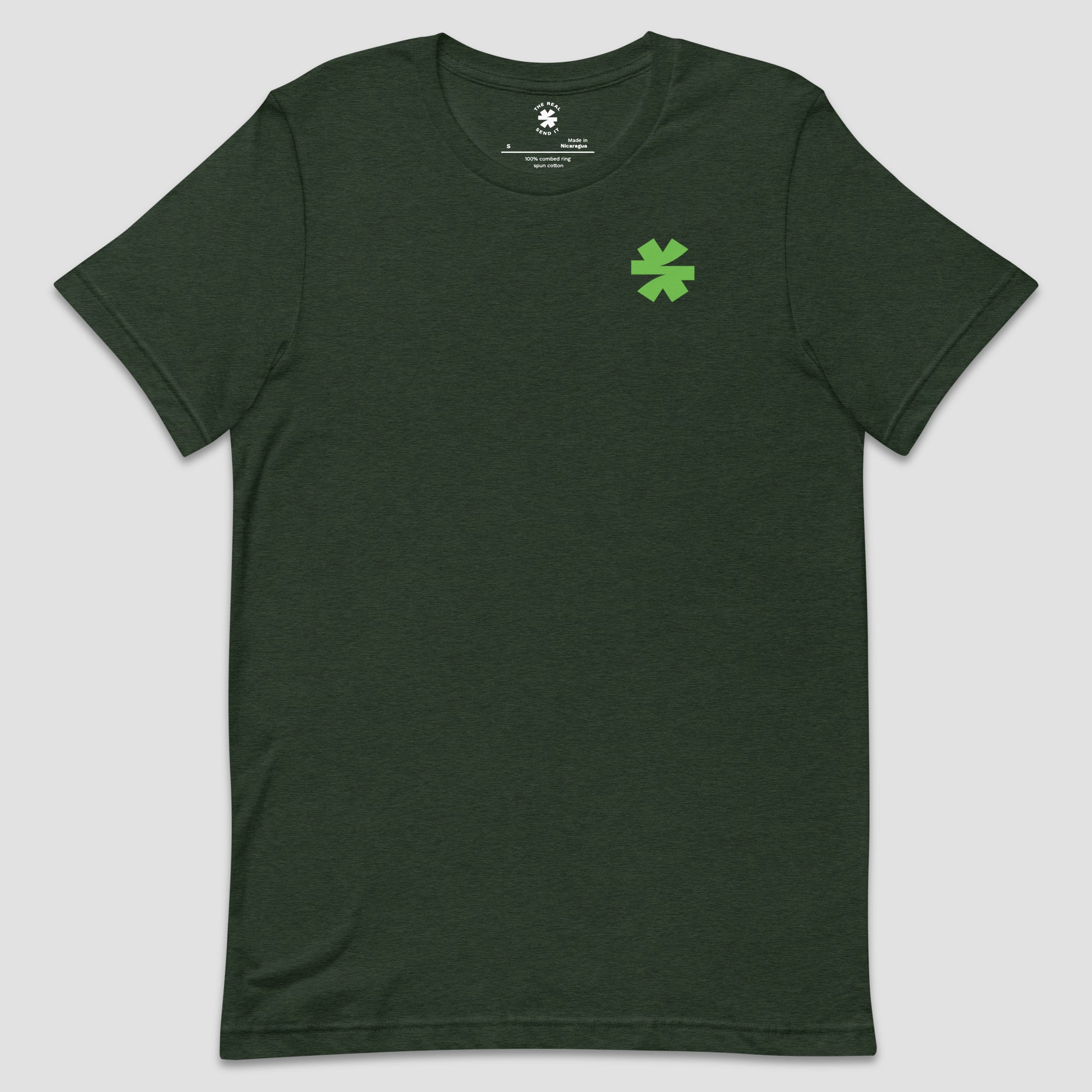 A dark forest green crewneck t-shirt with a small bright green asterisk printed on the left chest, displayed flat against a light gray background.