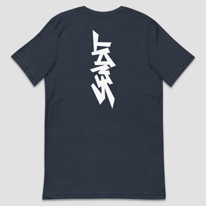 A dark navy blue short-sleeve t-shirt shown from the back, featuring a large, stylized white graphic 'SENDIT' print in a vertical orientation on the center back.