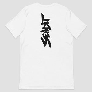 White short-sleeve crewneck t-shirt shown from the back, featuring a large black vertical graphic 'SENDIT' print on the center back, set against a solid light gray background.