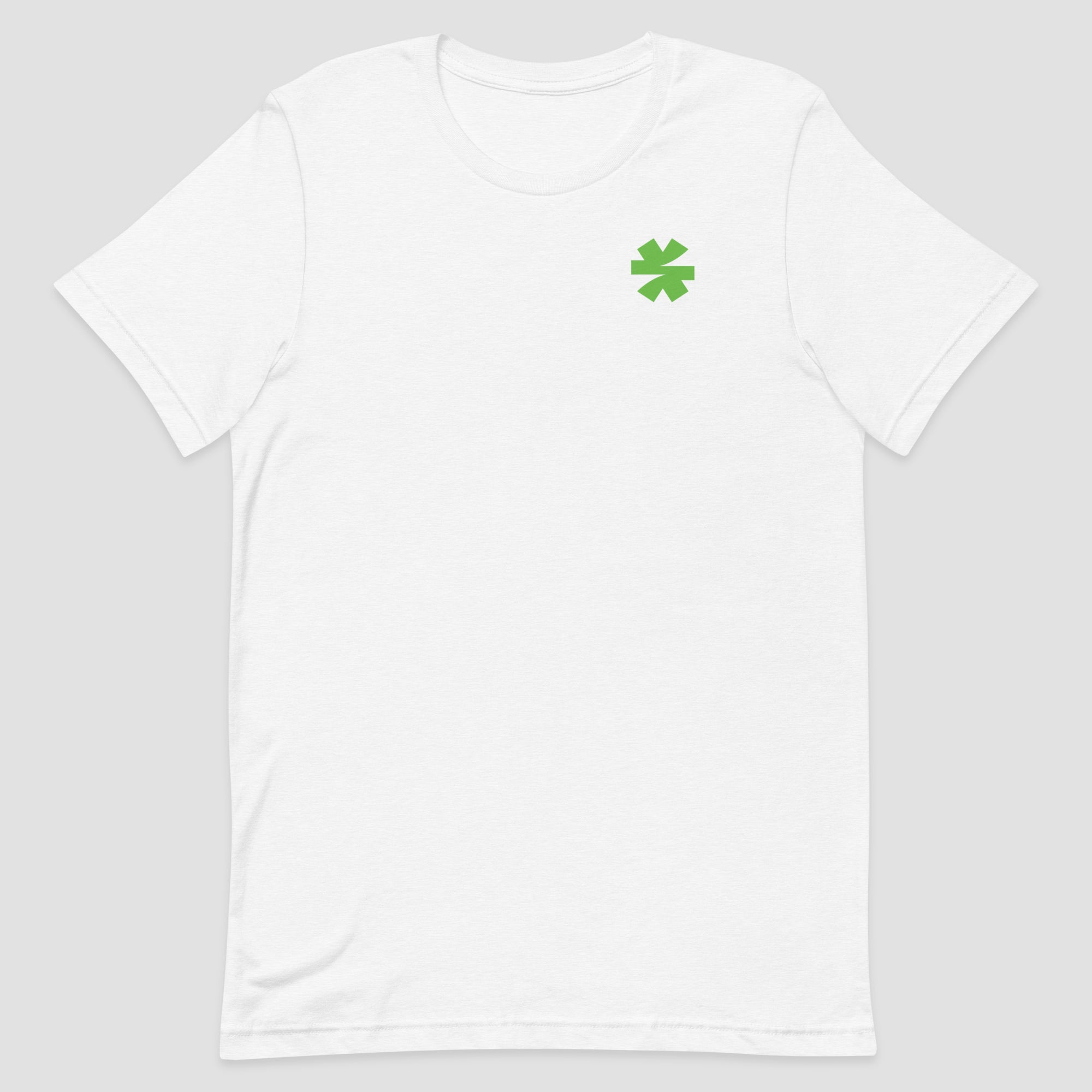 A white short-sleeve crewneck t-shirt with a small asterisk on the left chest, displayed on a neutral light gray background.