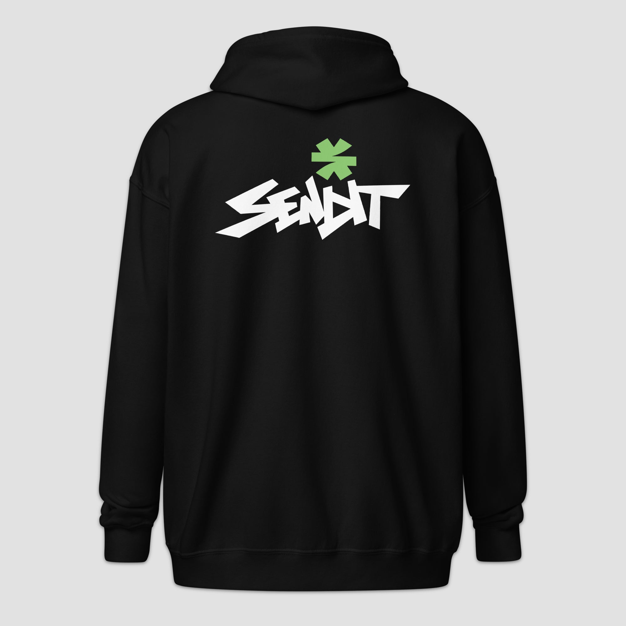 A black hoodie shown from the back, featuring a stylized white graphic logo with a green green asterisk above it, displayed on a light gray background.