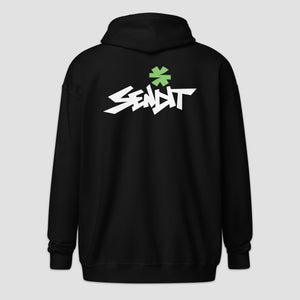 A black hoodie shown from the back, featuring a stylized white graphic logo with a green green asterisk above it, displayed on a light gray background.
