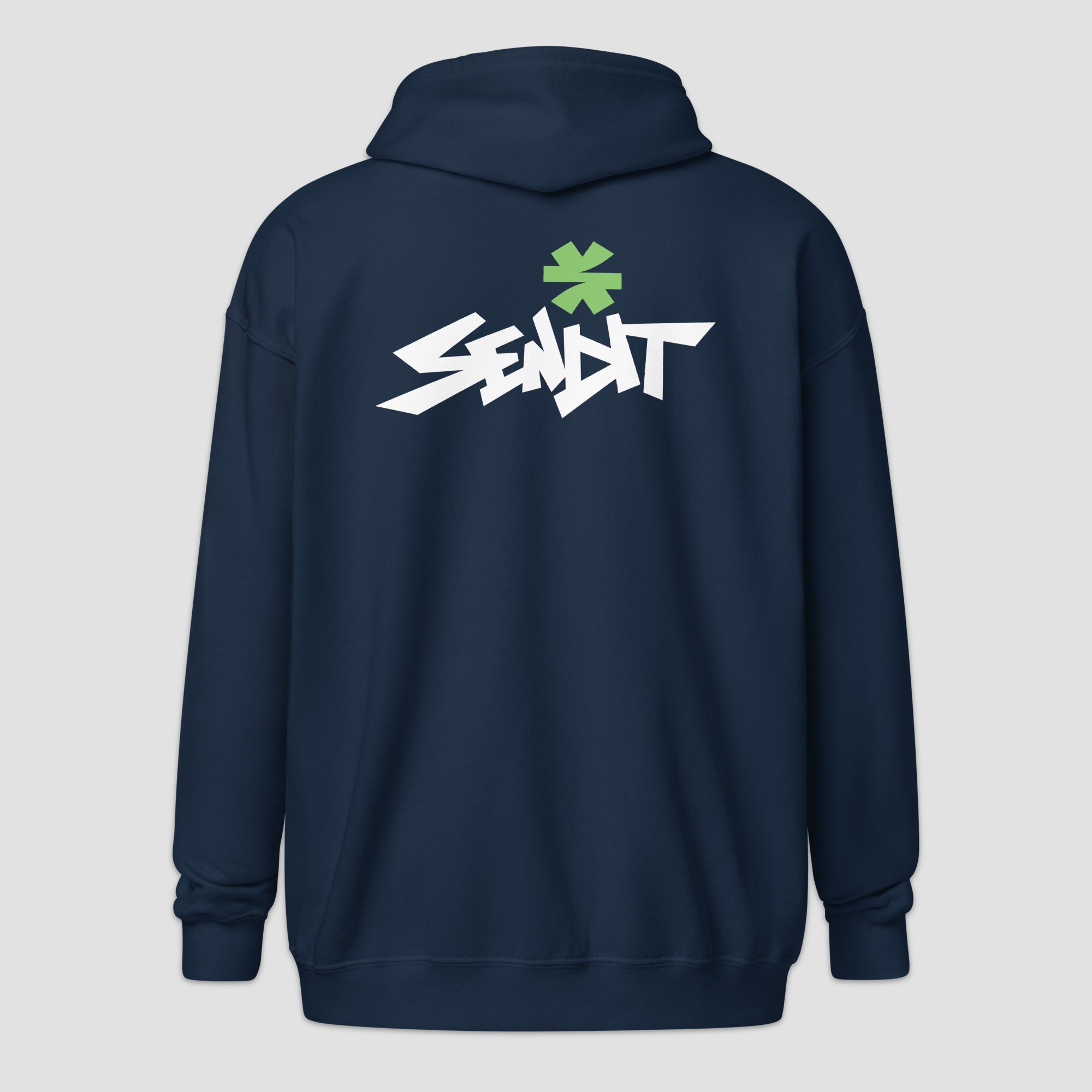 A navy blue hoodie shown from the back, featuring a stylized white graphic logo with a green asterisk above it, set against a plain light gray background.