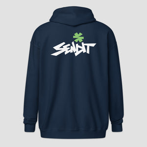 A navy blue hoodie shown from the back, featuring a stylized white graphic logo with a green asterisk above it, set against a plain light gray background.