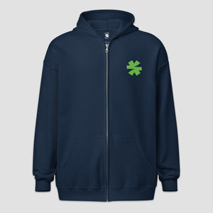 A navy blue zip-up hoodie with a green asterisk on the left chest, displayed on a solid light gray background.