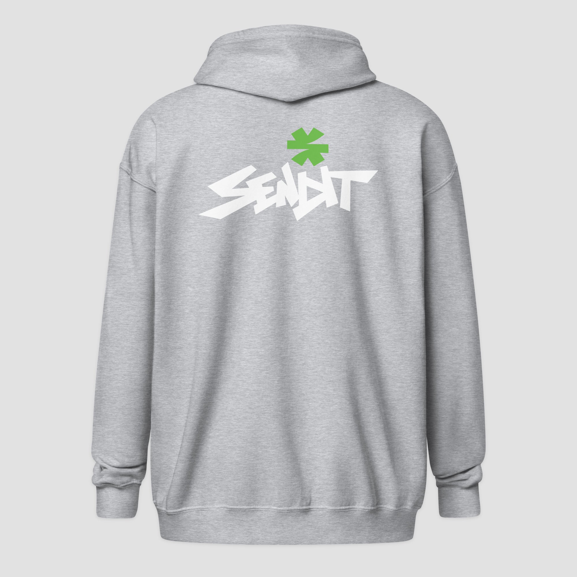 A light gray hoodie shown from the back, featuring a white stylized graphic with a green asterisk above it, on a light gray background.