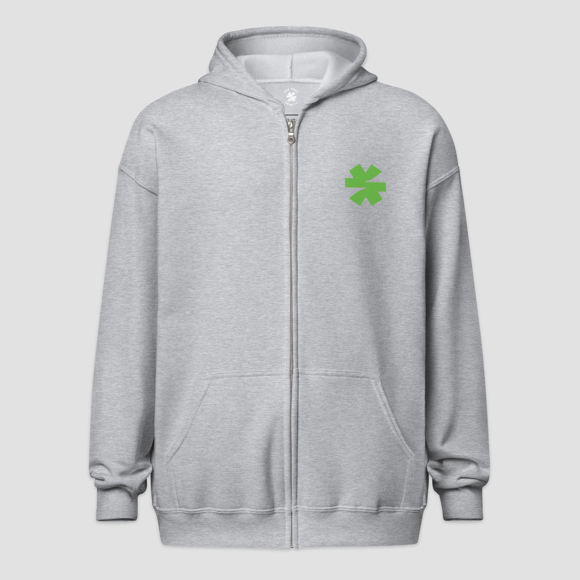 A light gray zip-up hoodie with a small green asterisk on the left chest, displayed against a solid light gray background.