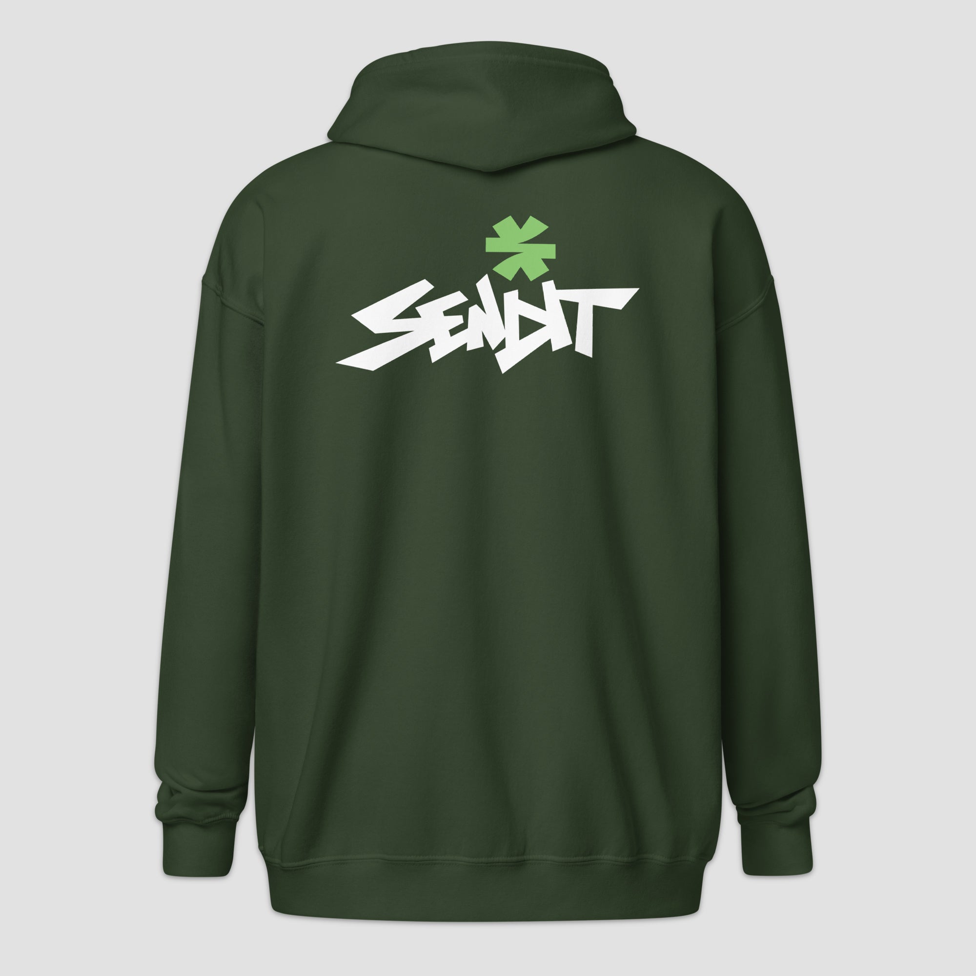 A dark green hoodie shown from the back, featuring a stylized white graphic logo with a green asterisk above it, displayed on a light gray background.