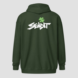A dark green hoodie shown from the back, featuring a stylized white graphic logo with a green asterisk above it, displayed on a light gray background.