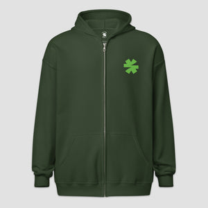 A dark green zip-up hoodie with a small green asterisk on the left chest, displayed against a light gray background.