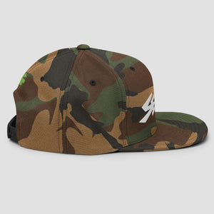 Camouflage baseball cap with the word 'SENDIT' embroidered in white set against a plain light gray background.