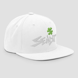 A white structured snapback cap with a flat brim, featuring white embroidered text 'SENDIT' and a green asterisk on the front, set against a solid light gray background.